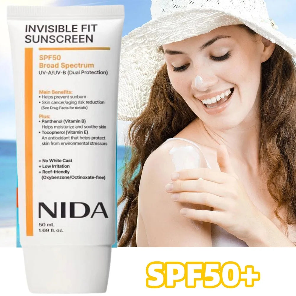 NIDA Invisible Fit Sunscreen,For Face & Body Lasting Waterproof Anti UV Moisturizing Korean SPF50+ Sunblock for Sports Travel