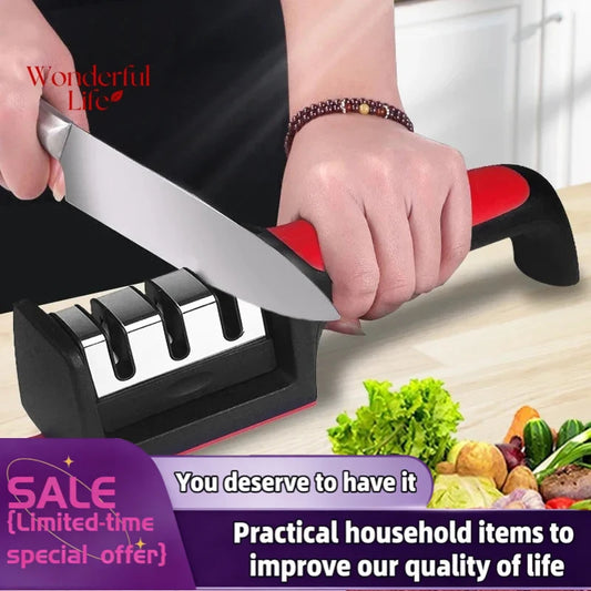 3 Segment Kitchen Knife Sharpener Household Multi-Functional Hand-Held 3/4-Purpose Black Sharpening Stone Sharp Knife Tools