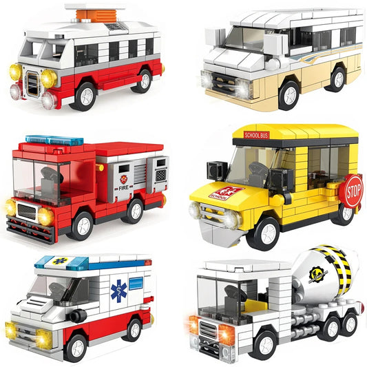 Building Blocks Toy Car Vehicle Series Educational Construction Sets Fire Truck School Bus Ambulance, Trailer Gift for Boysr, Gi