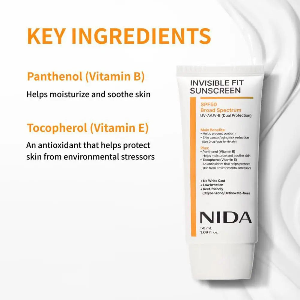 NIDA Invisible Fit Sunscreen,For Face & Body Lasting Waterproof Anti UV Moisturizing Korean SPF50+ Sunblock for Sports Travel