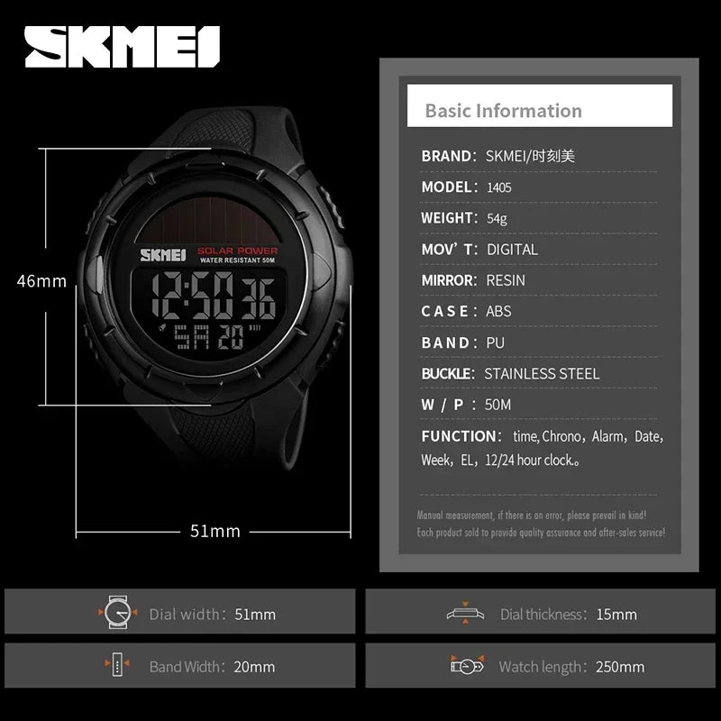 SKMEI 1405 Solar For Power Enviormentally Alarm Male Clock reloj hombre Men Luminous Watches Sport Digital Mens Wristwatches